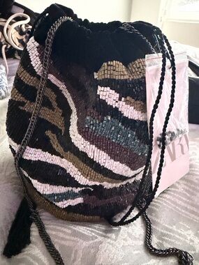 Zara Beaded Drawstring Mini Bag in Black, Pink & Olive